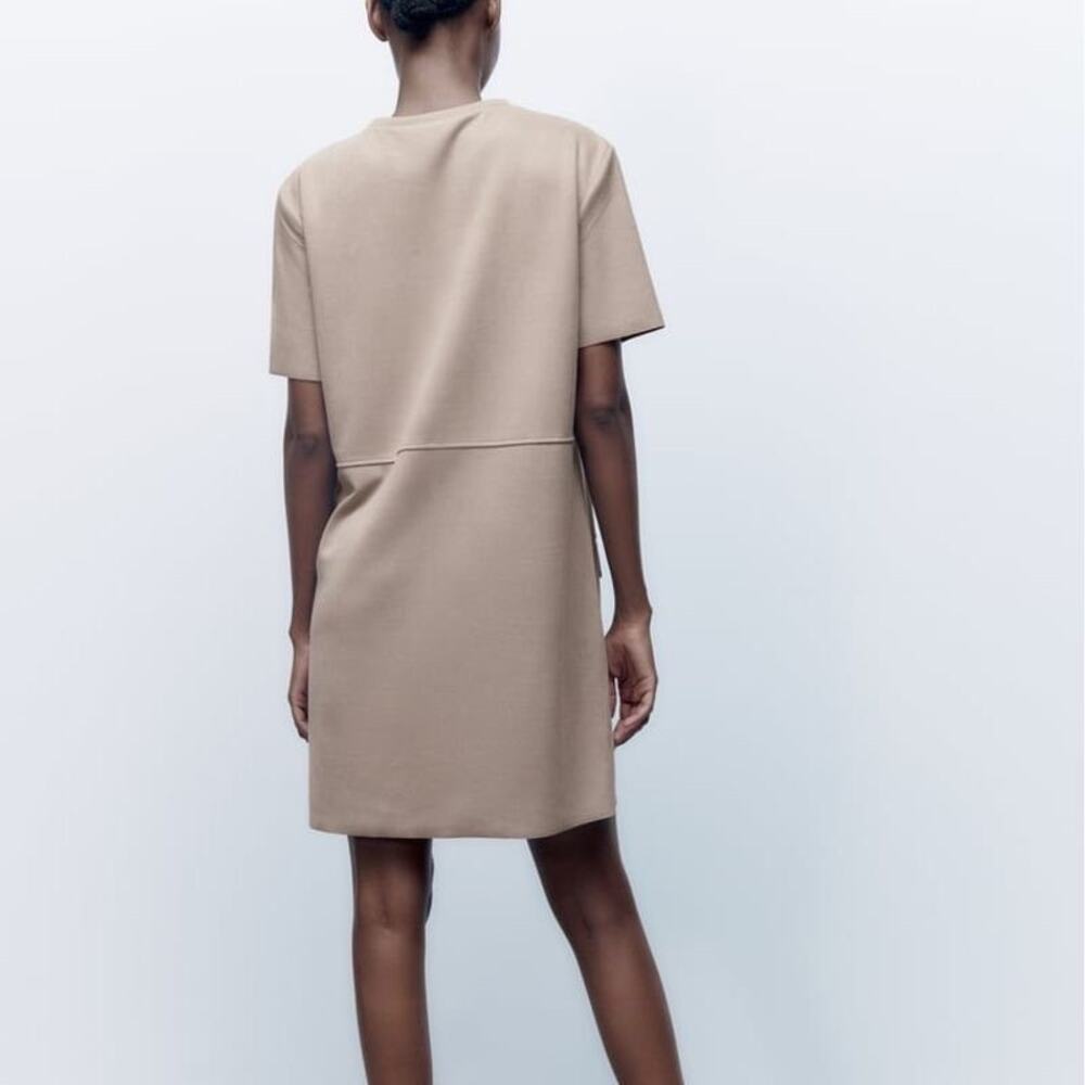 NEW Zara Beige Nude Faux Leather Suede Short Sleeve Mini Tee T-Shirt Dress M - Picture 3 of 8